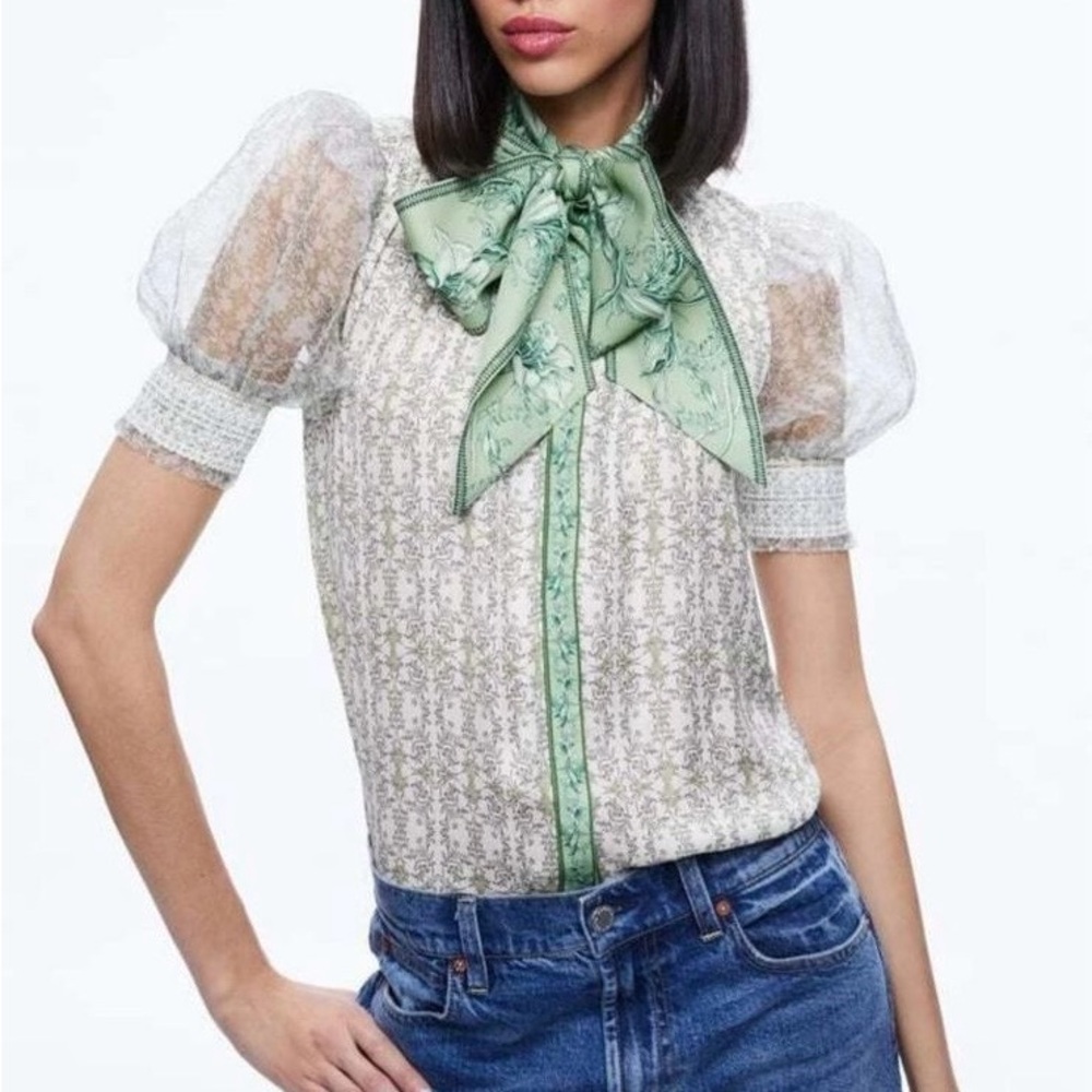 Alice + Olivia Cream and Green Floral Blouse with Puff Sleeves